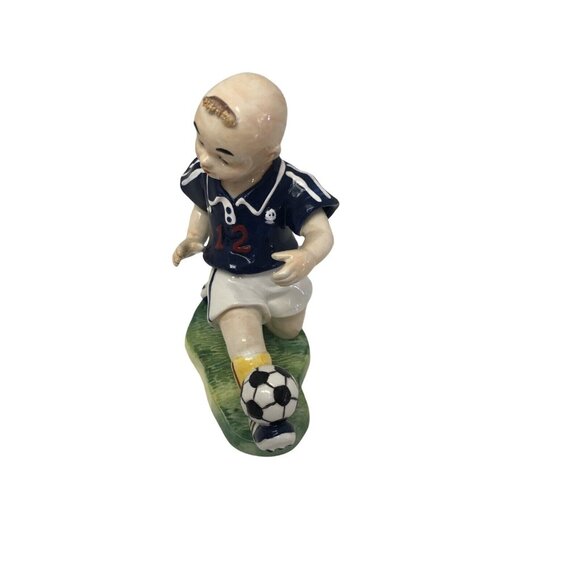 Vintage Ceramic Figurine Of Boy Playing Soccer In Navy Jersey - Picture 3 of 3